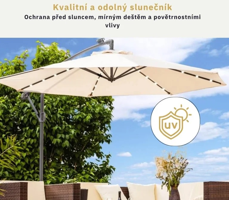 Westside Závěsný slunečník s boční nohou a s LED osvětlením průměr 300 cm 500645 béžový